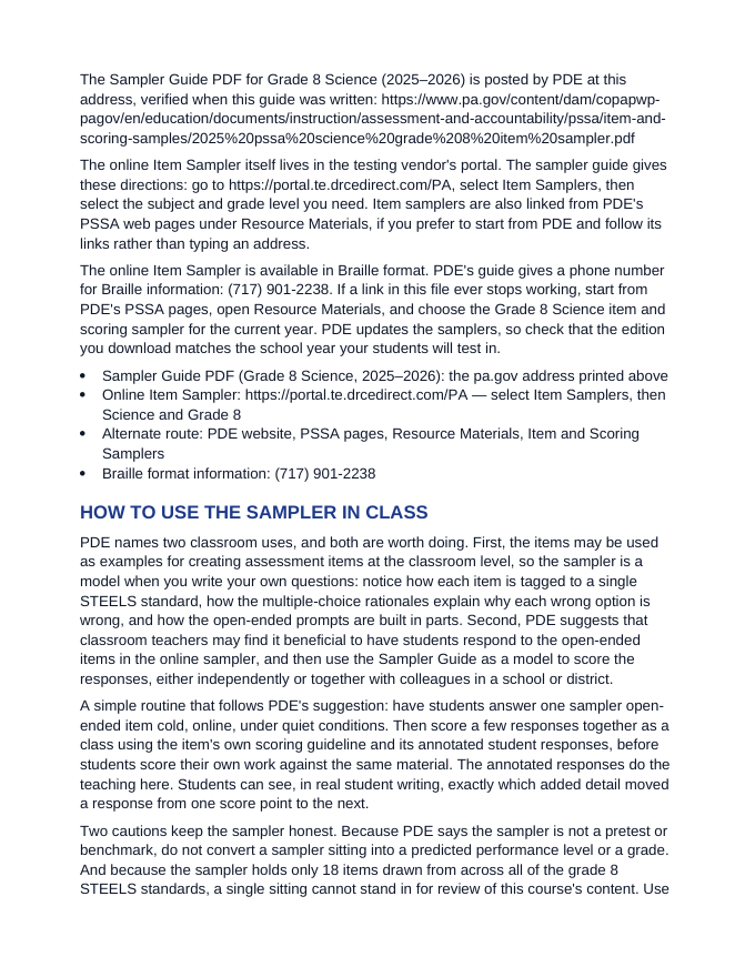 Pennsylvania PSSA Item Samplers & Scoring Guides Sampler & Released-Material Guide sample page