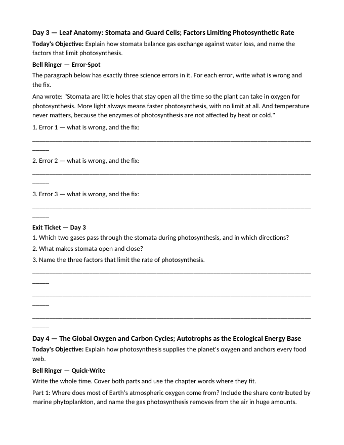 Photosynthesis Bell Ringers & Exit Tickets sample page