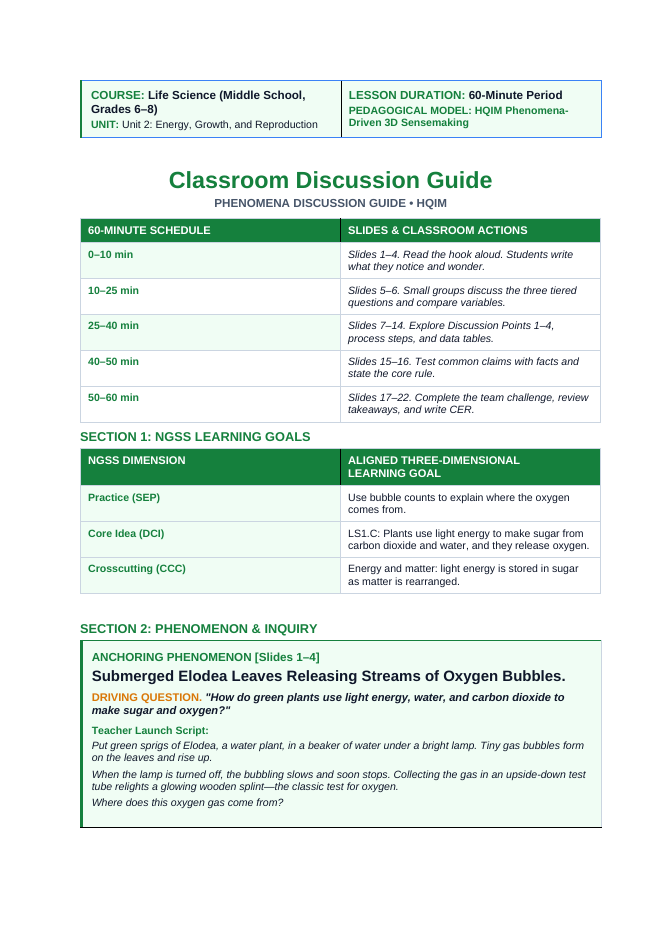 Photosynthesis Phenomena-Based Lesson: Submerged Elodea Leaves Releasing Streams of Oxygen Bubbles Teacher Discussion Guide sample page
