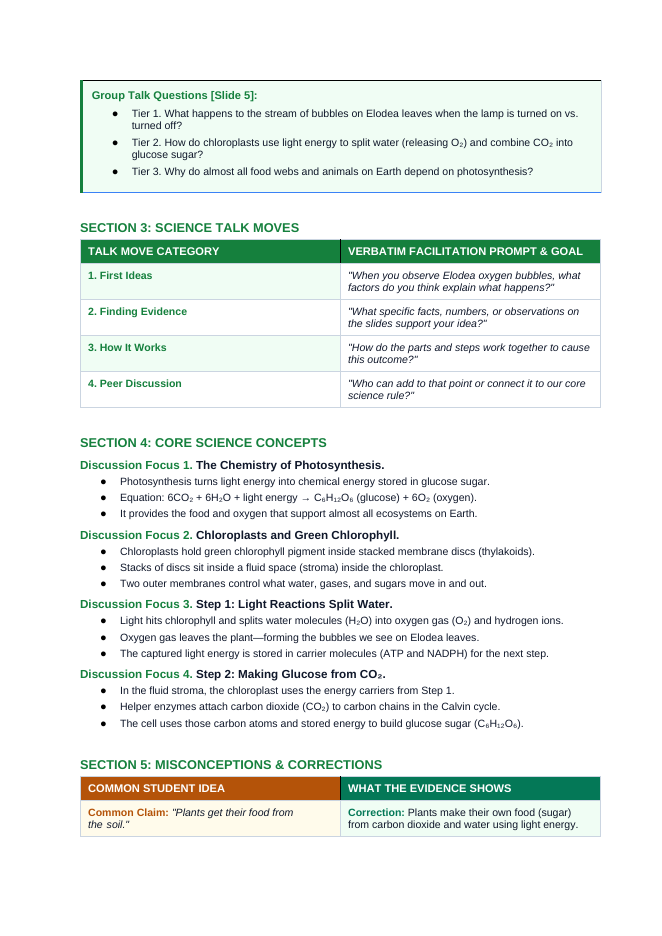 Photosynthesis Phenomena-Based Lesson: Submerged Elodea Leaves Releasing Streams of Oxygen Bubbles Teacher Discussion Guide sample page