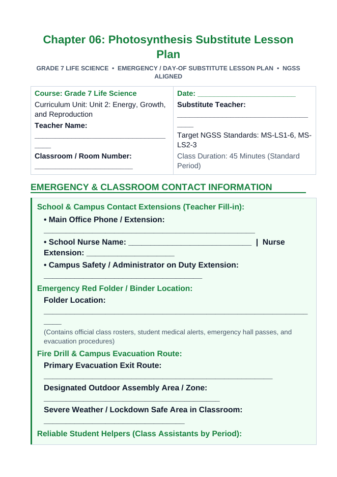 Photosynthesis Substitute Lesson Plan sample page