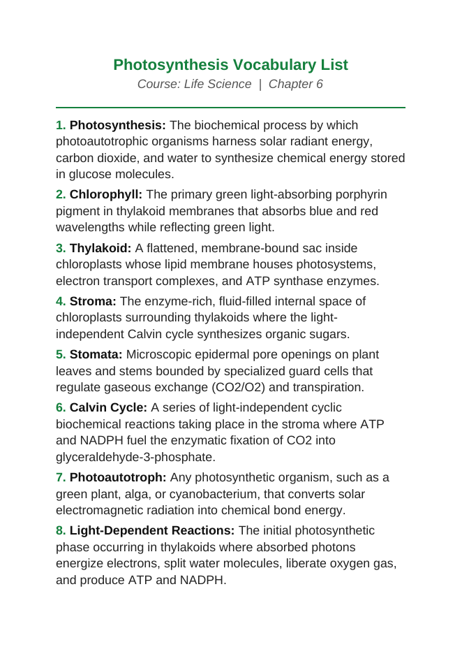 Photosynthesis Vocabulary Words & Definitions sample page