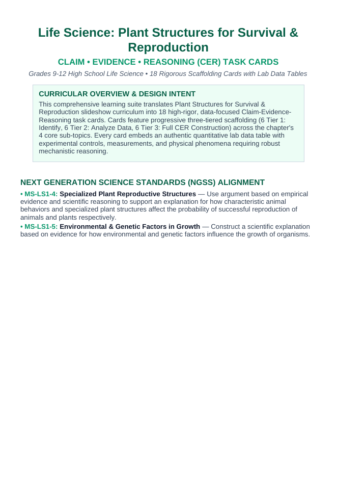Plant Structures for Survival & Reproduction CER Task Cards sample page
