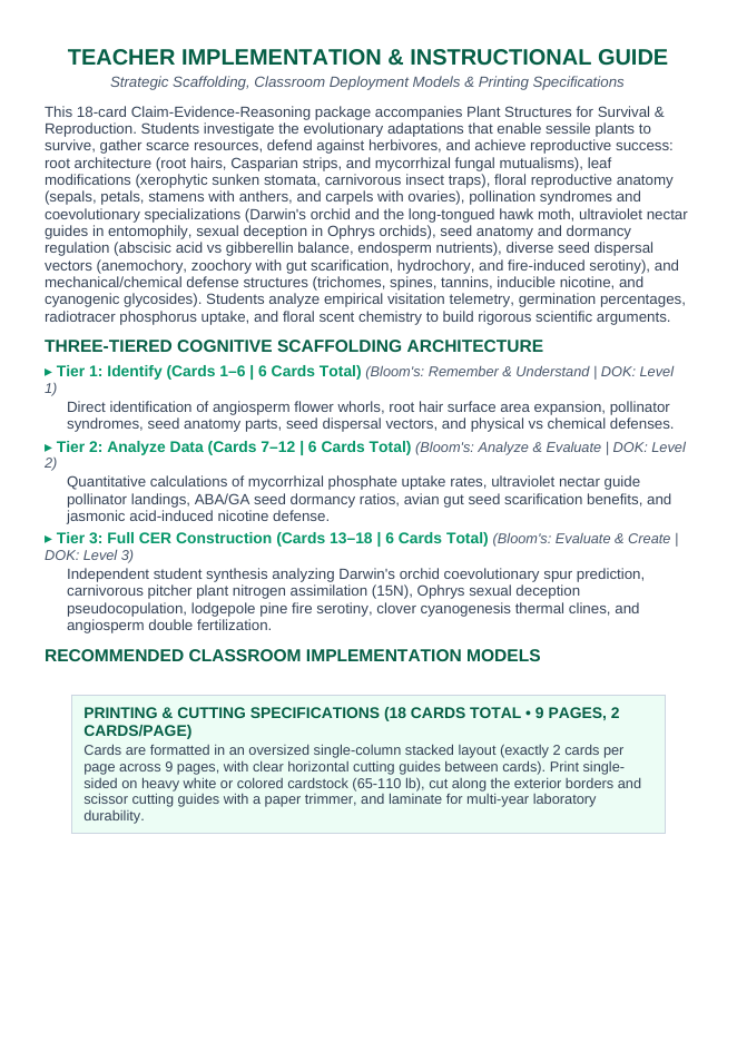 Plant Structures for Survival & Reproduction CER Task Cards sample page