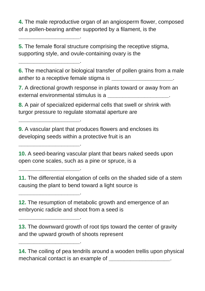Plant Structures for Survival & Reproduction Fill-in-the-Blank Vocabulary Worksheet sample page