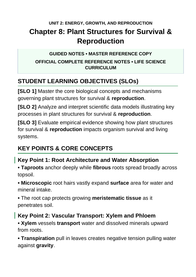 Plant Structures for Survival & Reproduction Guided Notes sample page