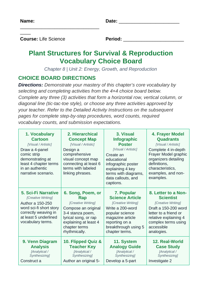 Plant Structures for Survival & Reproduction Vocabulary Choice Board sample page