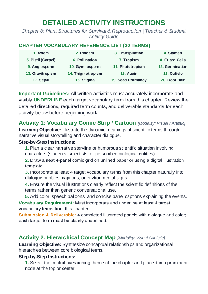 Plant Structures for Survival & Reproduction Vocabulary Choice Board sample page