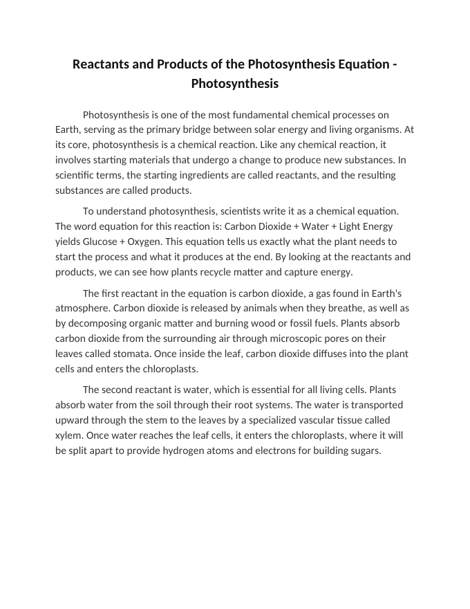 Reactants and Products of the Photosynthesis Equation Reading Worksheet sample page