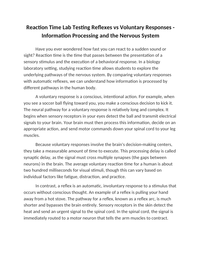 Reaction Time Lab Testing Reflexes vs Voluntary Responses Reading Worksheet sample page