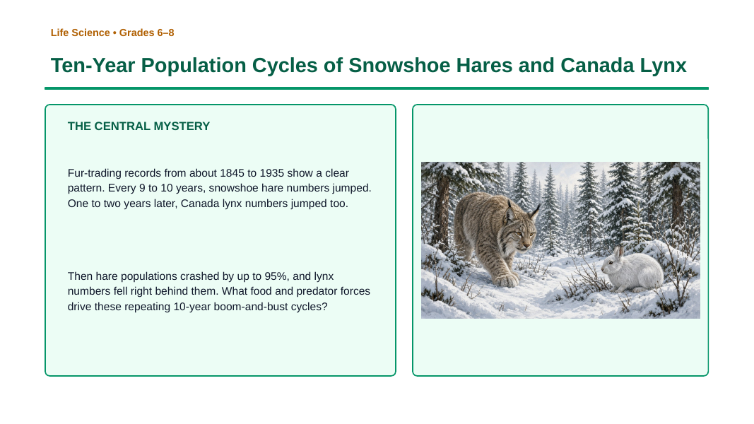 Resource Availability & Population Dynamics Phenomena-Based Lesson: Ten-Year Population Cycles of Snowshoe Hares and Canada Lynx Presentation sample page