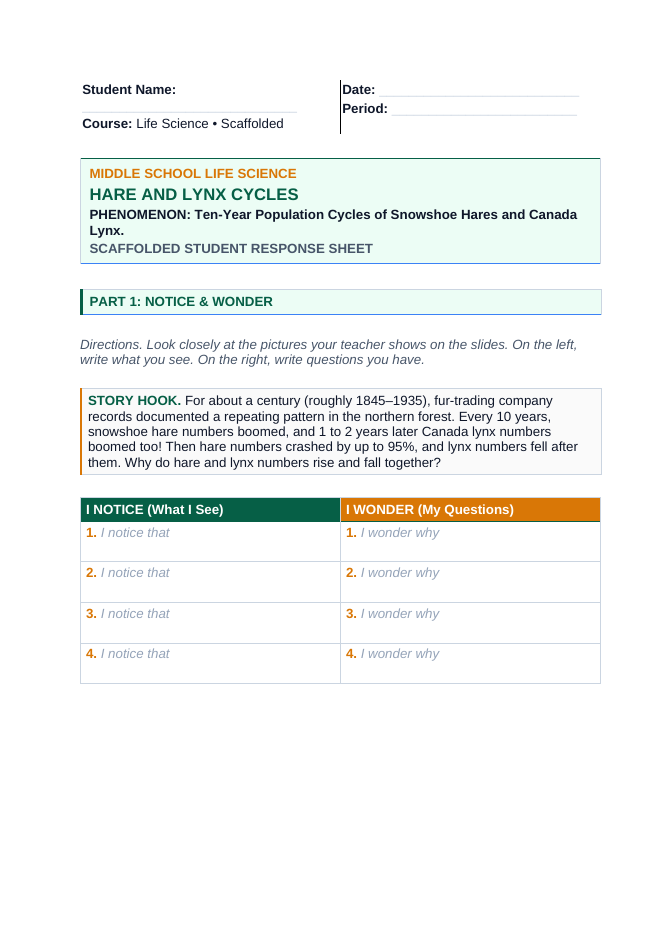 Resource Availability & Population Dynamics Scaffolded Phenomena-Based Lesson: Ten-Year Population Cycles of Snowshoe Hares and Canada Lynx Student Response Sheet sample page