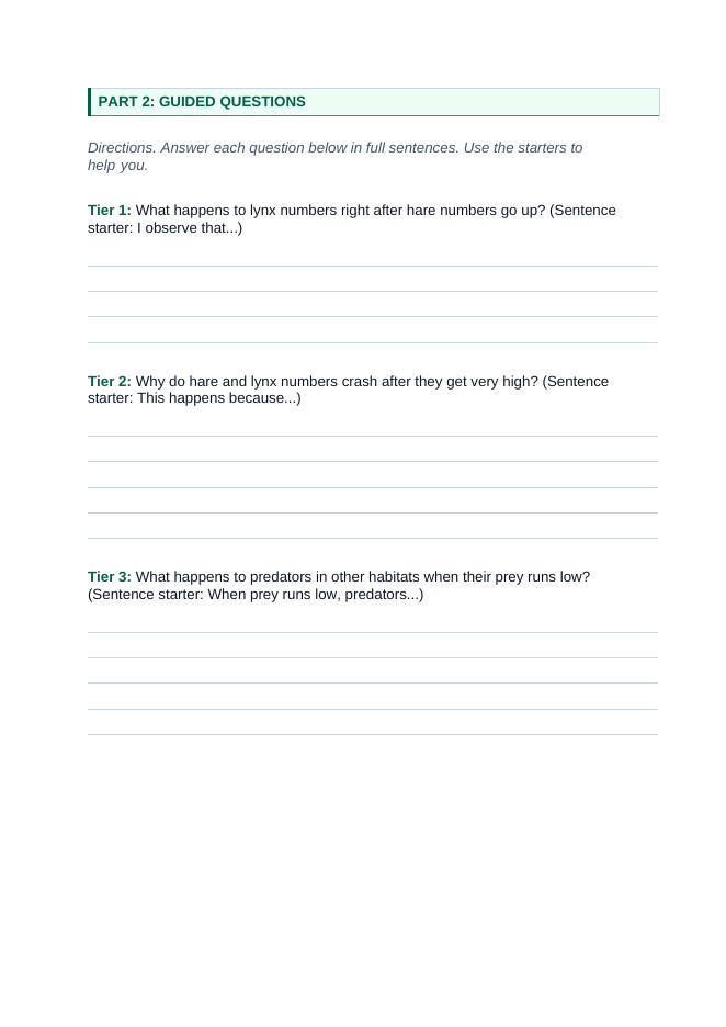 Resource Availability & Population Dynamics Scaffolded Phenomena-Based Lesson: Ten-Year Population Cycles of Snowshoe Hares and Canada Lynx Student Response Sheet sample page