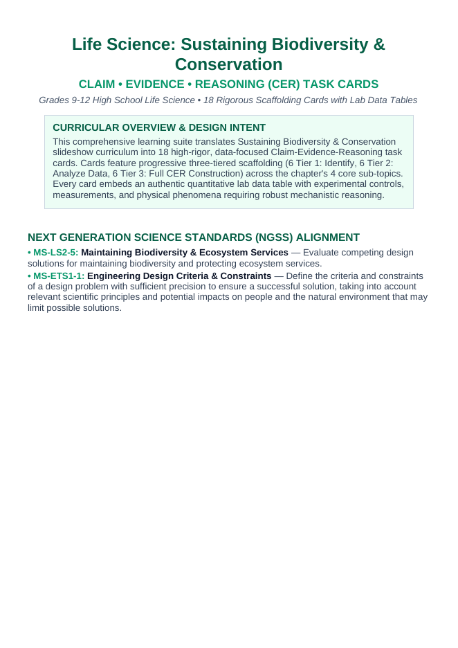 Sustaining Biodiversity & Conservation CER Task Cards sample page