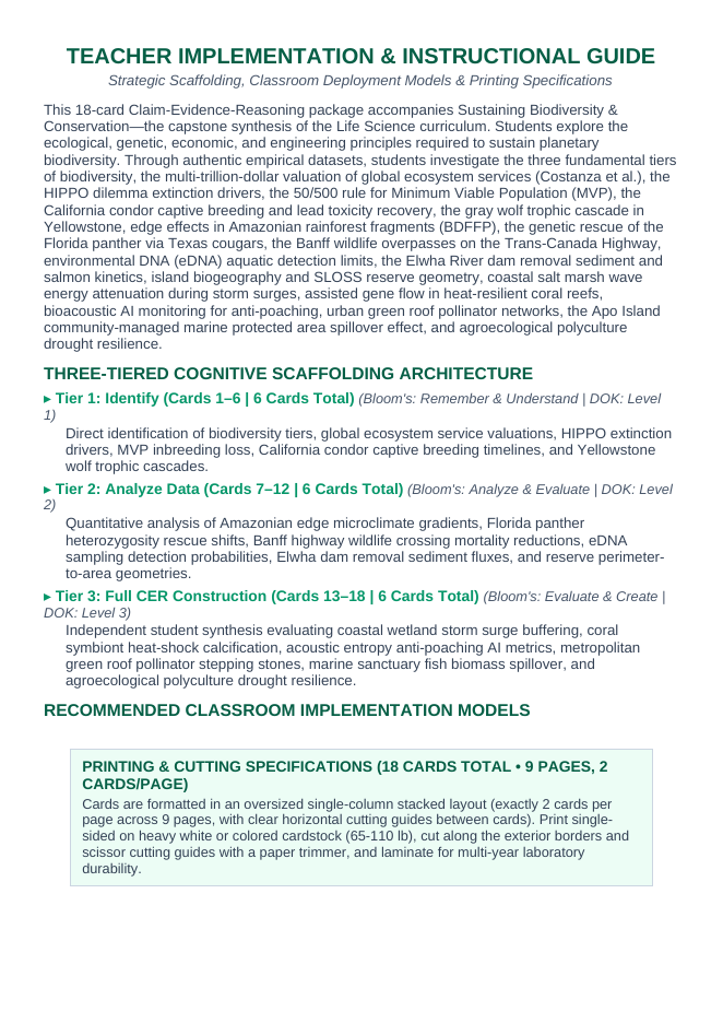 Sustaining Biodiversity & Conservation CER Task Cards sample page