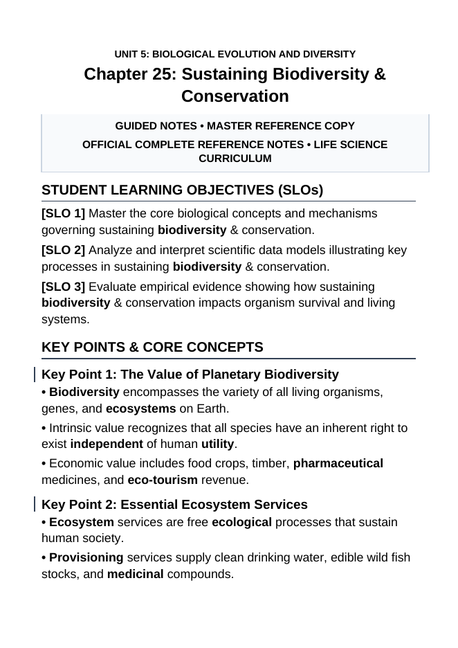 Sustaining Biodiversity & Conservation Guided Notes sample page