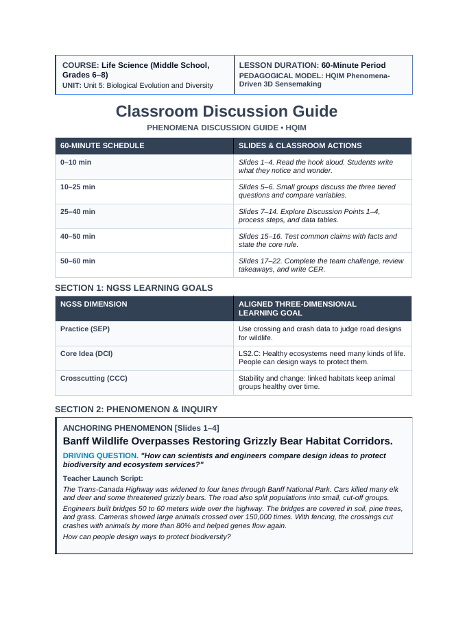Sustaining Biodiversity & Conservation Phenomena-Based Lesson: Banff Wildlife Overpasses Restoring Grizzly Bear Habitat Corridors Teacher Discussion Guide sample page
