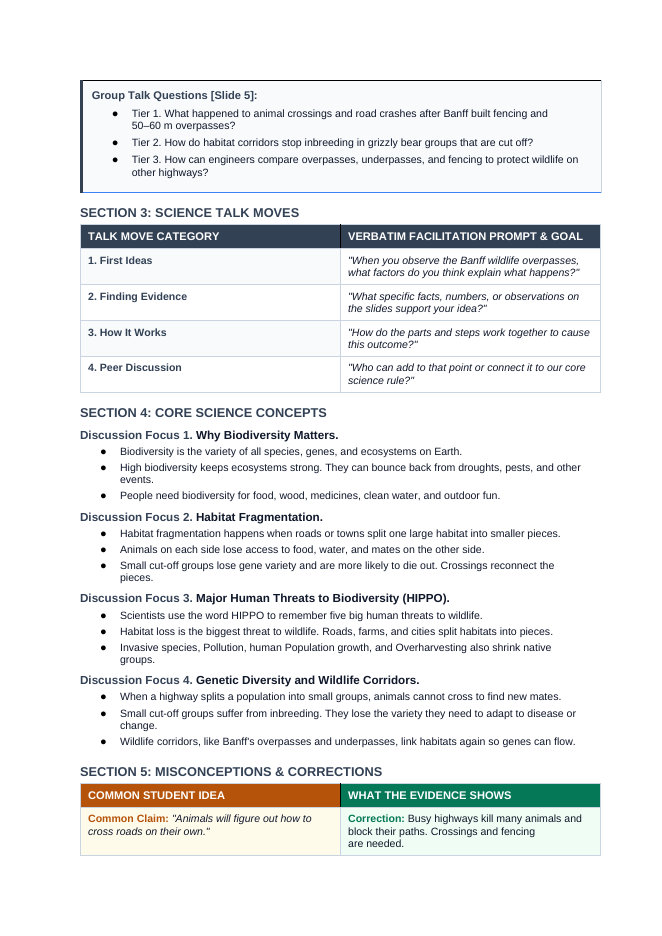 Sustaining Biodiversity & Conservation Phenomena-Based Lesson: Banff Wildlife Overpasses Restoring Grizzly Bear Habitat Corridors Teacher Discussion Guide sample page