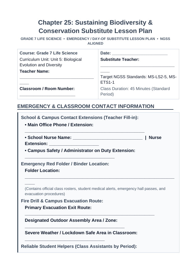 Sustaining Biodiversity & Conservation Substitute Lesson Plan sample page