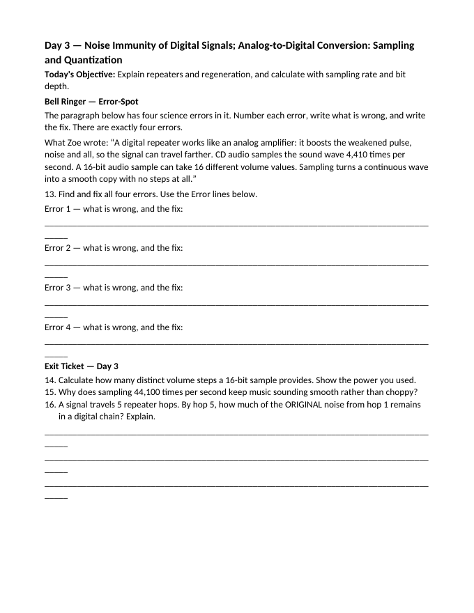 Analog vs. Digital Signals in Technology Bell Ringers & Exit Tickets sample page