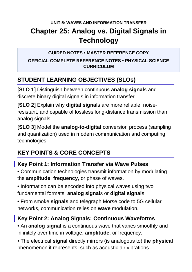 Analog vs. Digital Signals in Technology Guided Notes sample page