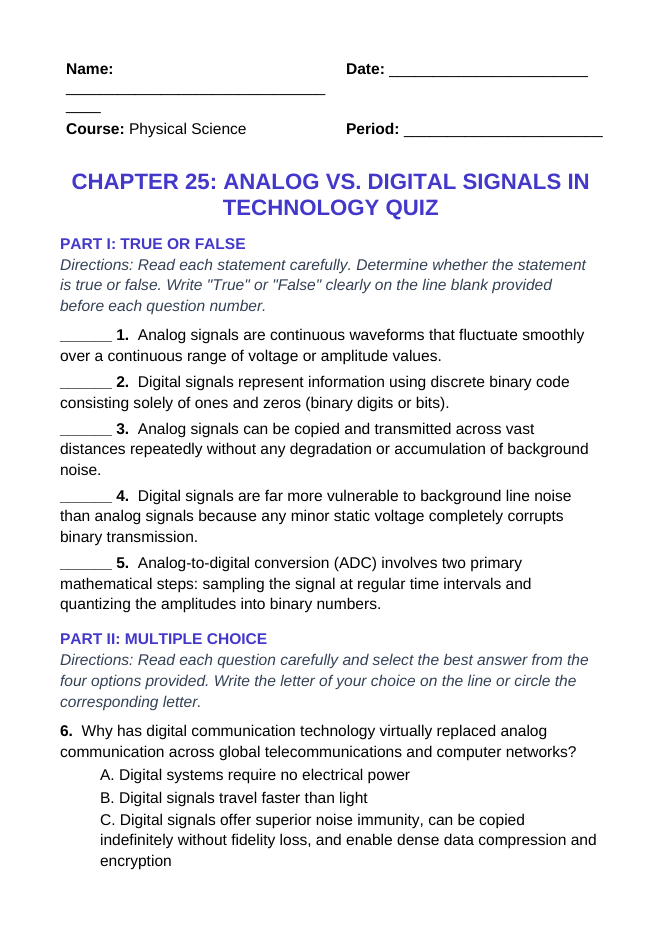 Analog vs. Digital Signals in Technology Lesson Quiz sample page
