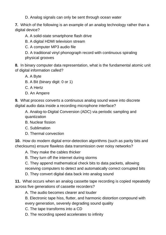 Analog vs. Digital Signals in Technology Lesson Quiz sample page