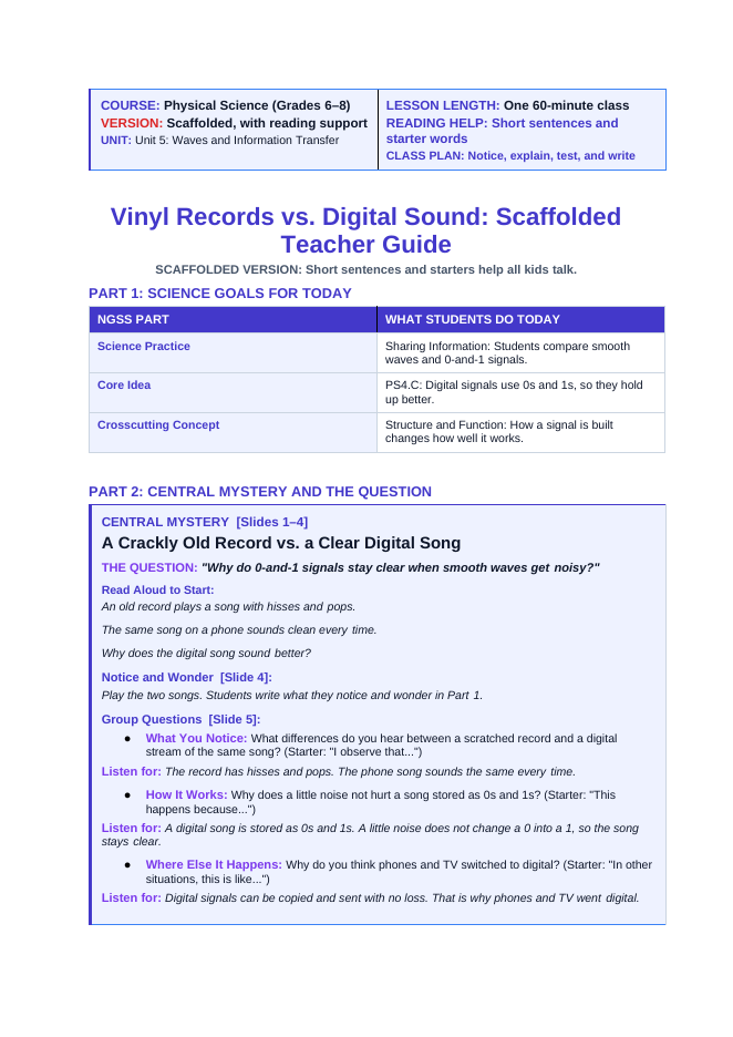 Analog vs. Digital Signals in Technology Scaffolded Phenomena-Based Lesson: Why Does a Record Crackle? Teacher Discussion Guide sample page