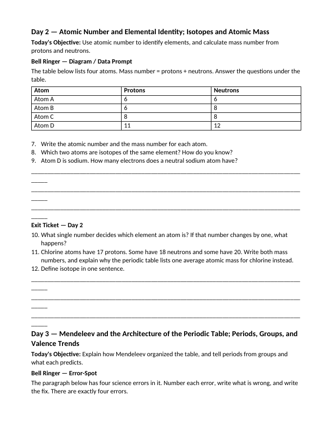 Atomic Structure & the Periodic Table Bell Ringers & Exit Tickets sample page