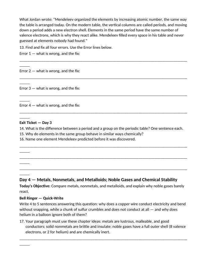 Atomic Structure & the Periodic Table Bell Ringers & Exit Tickets sample page