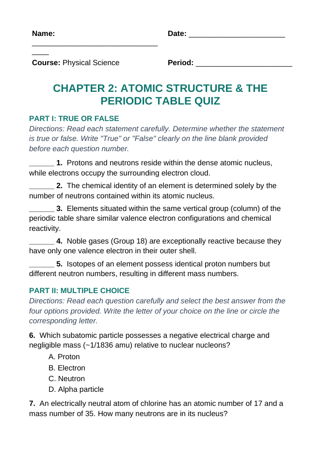 Atomic Structure & the Periodic Table Lesson Quiz sample page