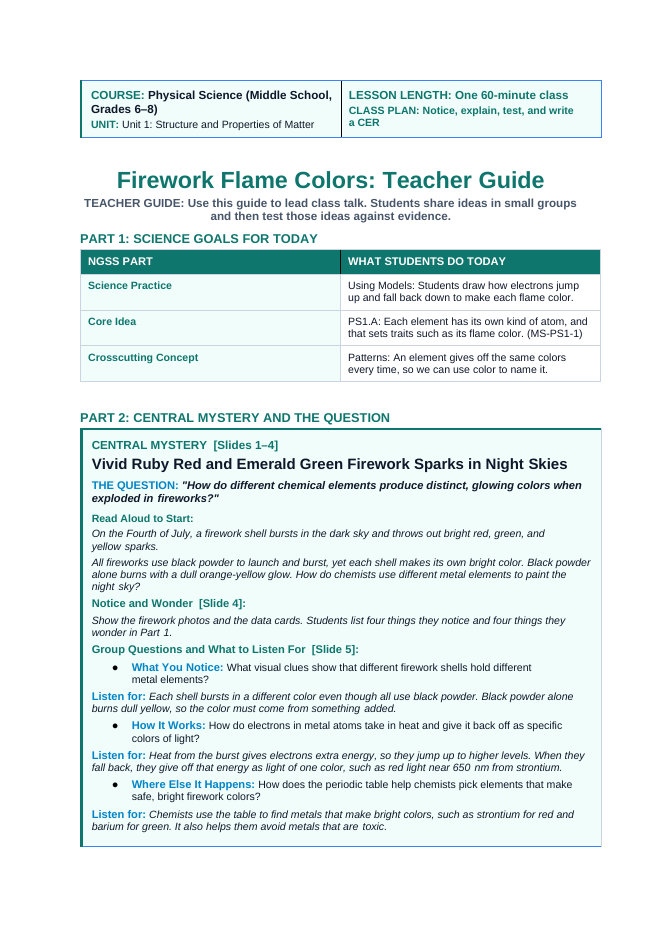 Atomic Structure & the Periodic Table Phenomena-Based Lesson: Vivid Ruby Red and Emerald Green Firework Sparks in Night Skies Teacher Discussion Guide sample page