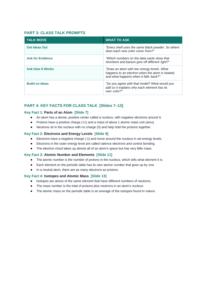 Atomic Structure & the Periodic Table Phenomena-Based Lesson: Vivid Ruby Red and Emerald Green Firework Sparks in Night Skies Teacher Discussion Guide sample page