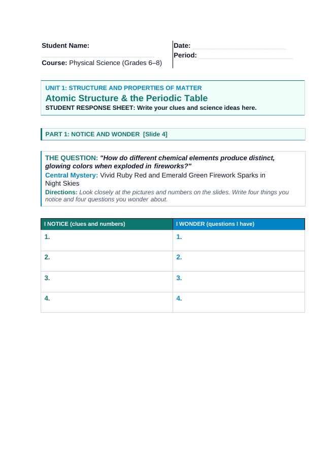 Atomic Structure & the Periodic Table Phenomena-Based Lesson: Vivid Ruby Red and Emerald Green Firework Sparks in Night Skies Student Response Sheet sample page