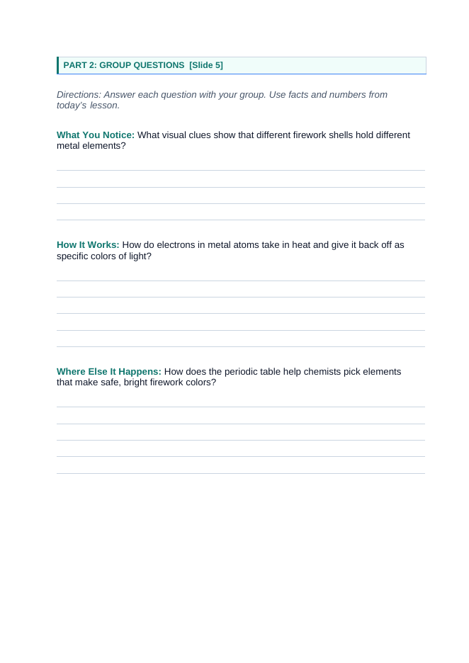 Atomic Structure & the Periodic Table Phenomena-Based Lesson: Vivid Ruby Red and Emerald Green Firework Sparks in Night Skies Student Response Sheet sample page
