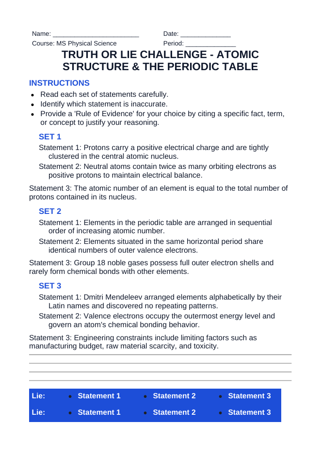 Atomic Structure & the Periodic Table Truth or Lie Challenge sample page