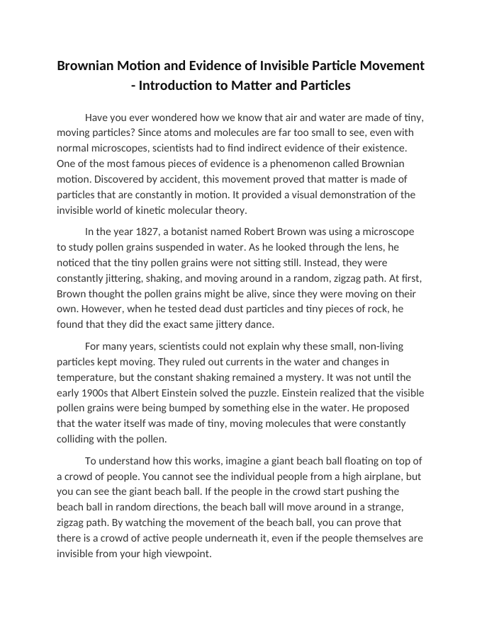Brownian Motion and Evidence of Invisible Particle Movement Reading Worksheet sample page