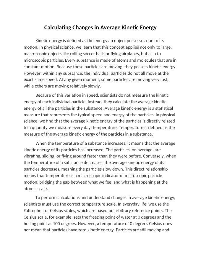 Calculating Changes in Average Kinetic Energy Reading Worksheet sample page