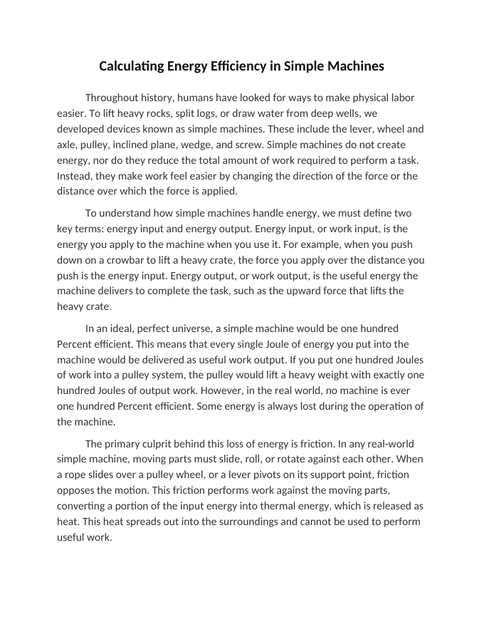 Calculating Energy Efficiency in Simple Machines Reading Worksheet sample page