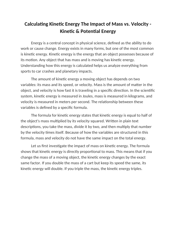 Calculating Kinetic Energy The Impact of Mass vs. Velocity Reading Worksheet sample page