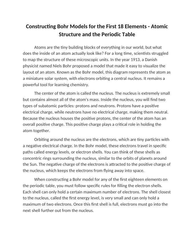 Constructing Bohr Models for the First 18 Elements Reading Worksheet sample page
