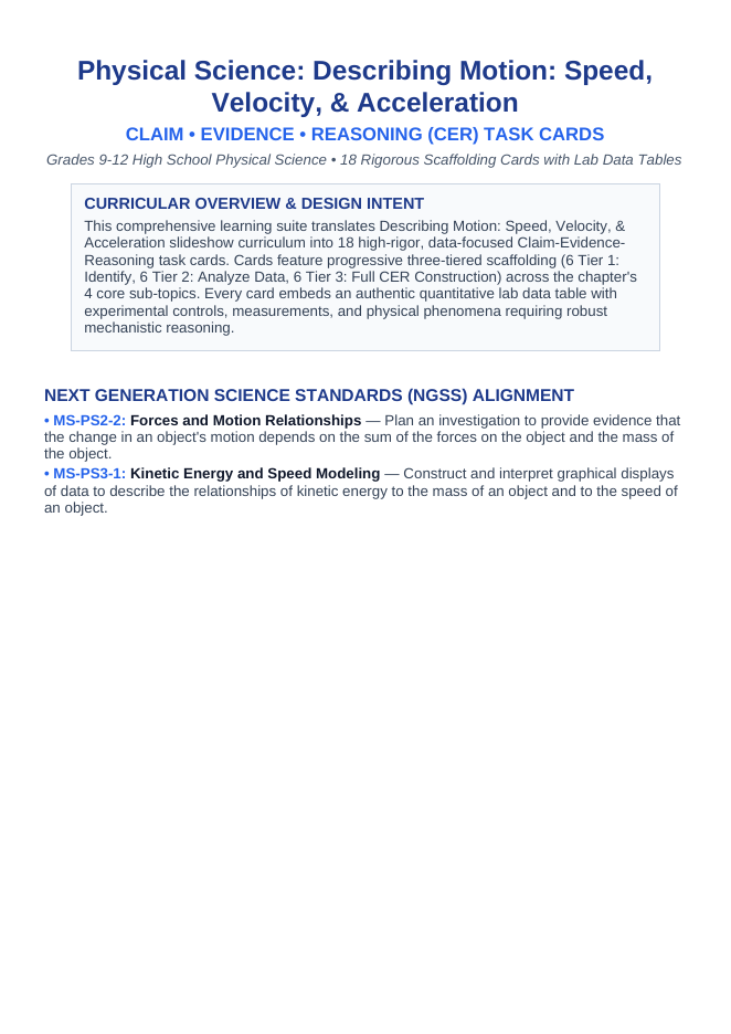 Describing Motion: Speed, Velocity, & Acceleration CER Task Cards sample page