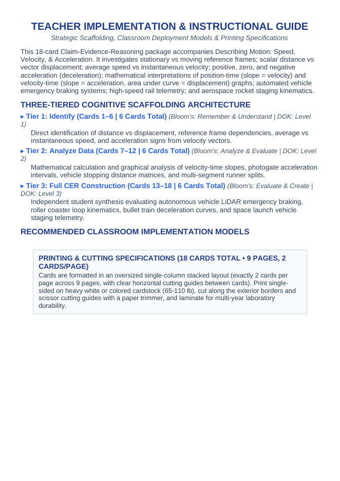 Describing Motion: Speed, Velocity, & Acceleration CER Task Cards sample page