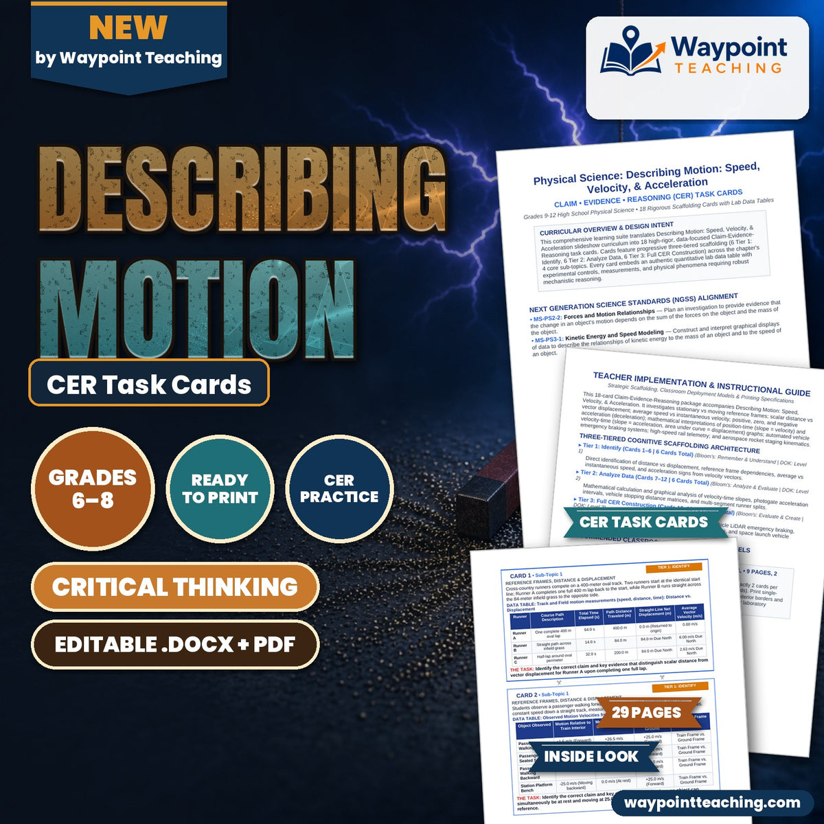 Describing Motion: Speed, Velocity, & Acceleration CER Task Cards cover