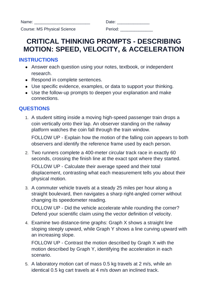 Describing Motion: Speed, Velocity, & Acceleration Critical Thinking Prompts sample page