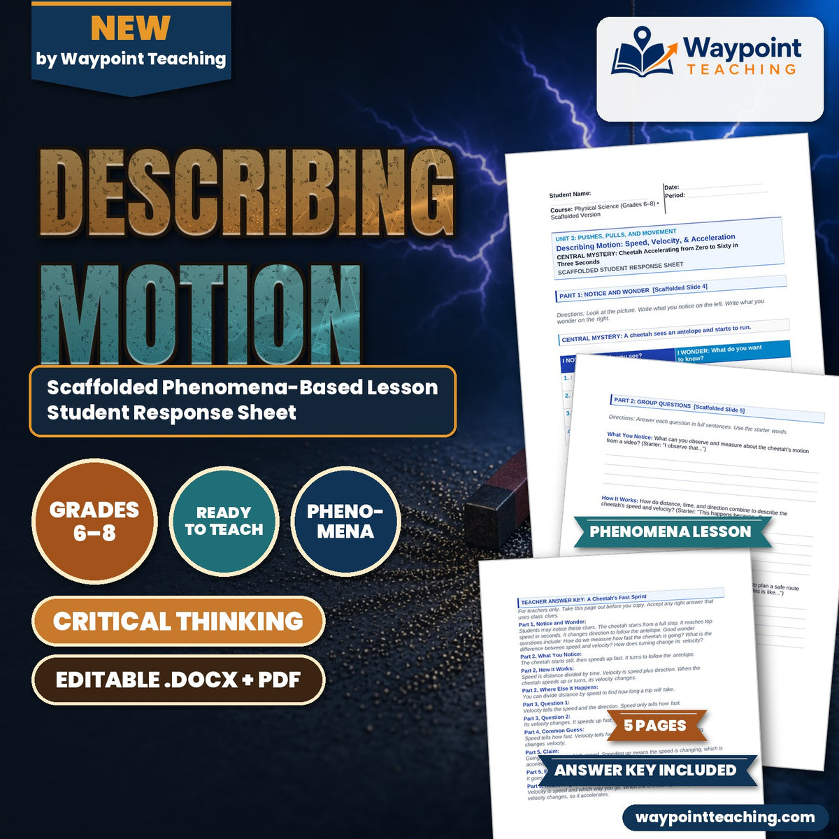 Describing Motion: Speed, Velocity, & Acceleration Scaffolded Phenomena-Based Lesson: Cheetah Accelerating from Zero to Sixty in Three Seconds Student Response Sheet cover