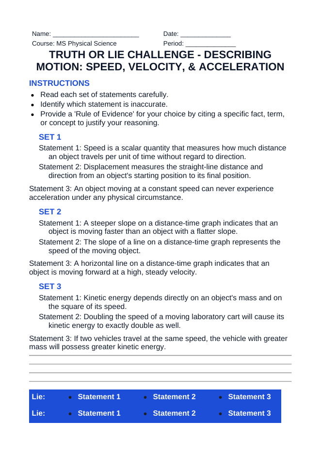Describing Motion: Speed, Velocity, & Acceleration Truth or Lie Challenge sample page