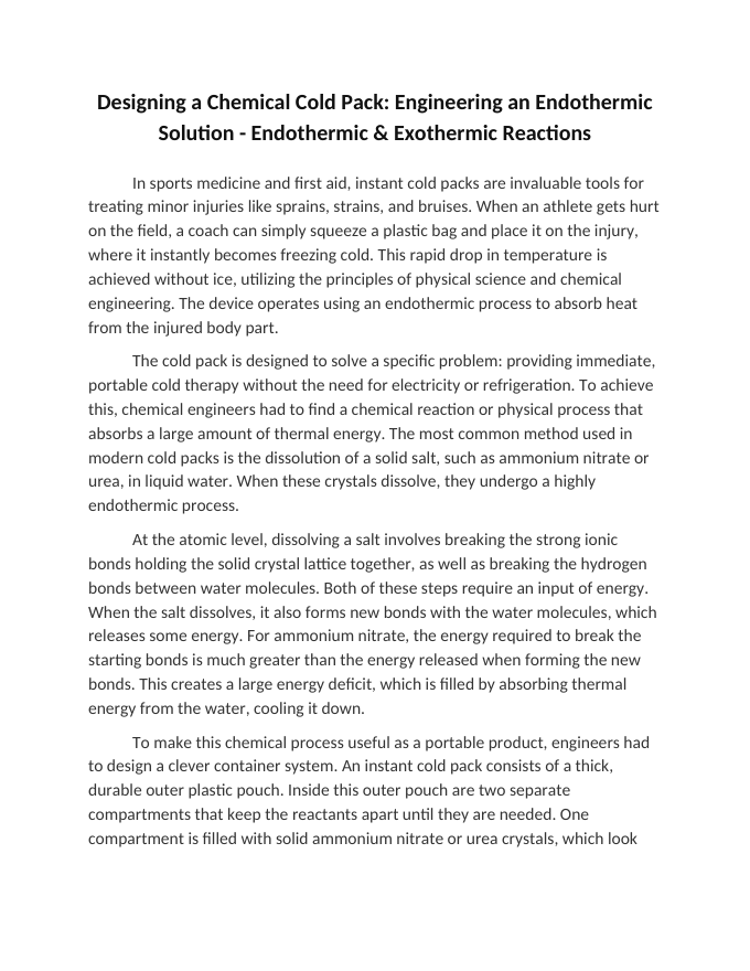 Designing a Chemical Cold Pack: Engineering an Endothermic Solution Reading Worksheet sample page