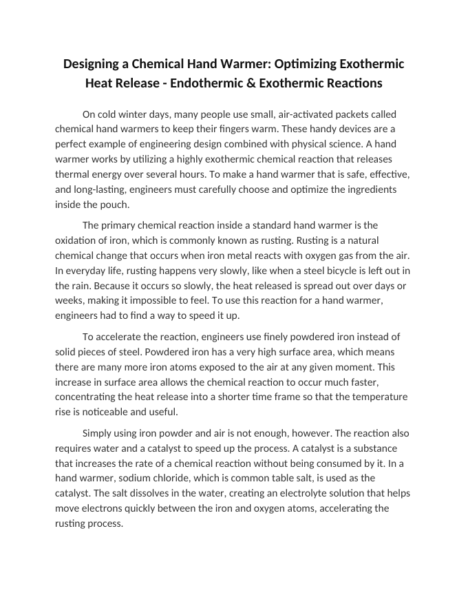 Designing a Chemical Hand Warmer: Optimizing Exothermic Heat Release Reading Worksheet sample page