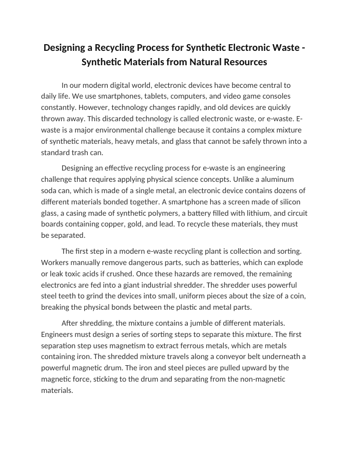 Designing a Recycling Process for Synthetic Electronic Waste Reading Worksheet sample page